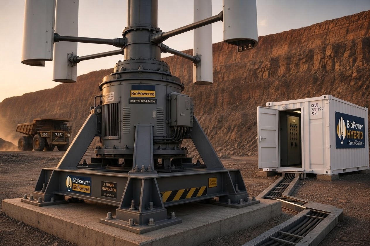 Generator at the base of the turbine, beside the comms hut
