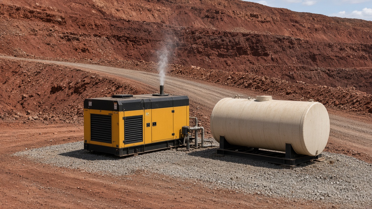 Old diesel generator and a large rusty fuel tank at a mine